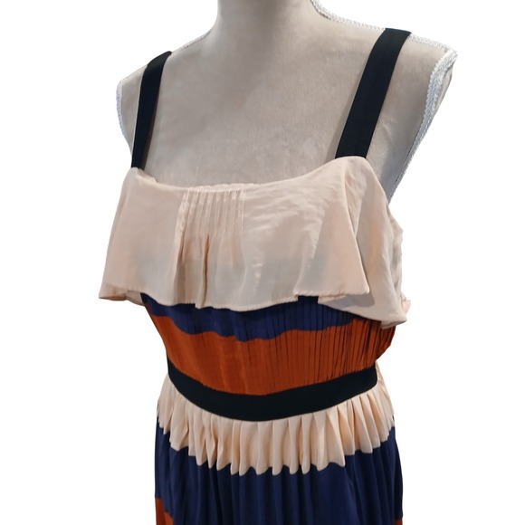 After Market Womens Colorblock Striped Pleated Midi Dress Peach Navy Rust Large - Picture 2 of 12